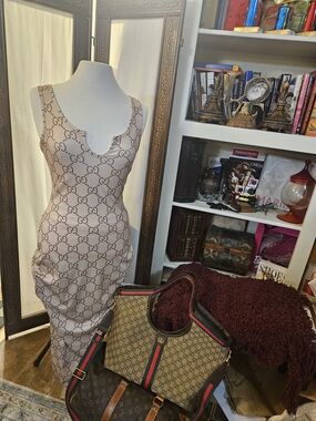 Beige GG Monogram Sleeveless Midi Dress - Gucci Style